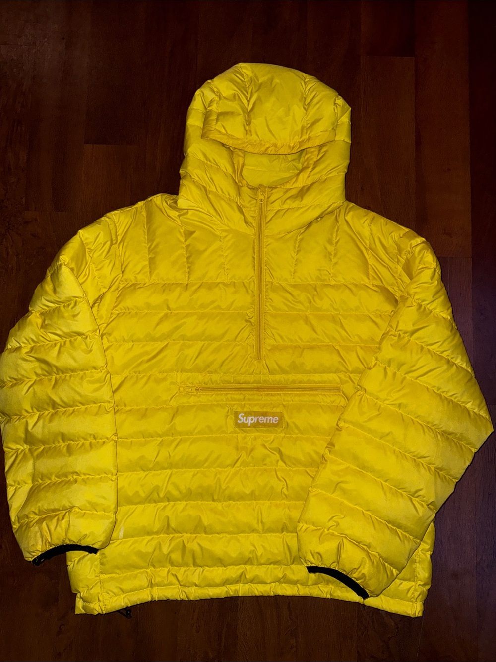 Supreme Rare Yellow Mens' Puffer Half-Zip Hooded Jacket With Kangaroo Zip Pocket